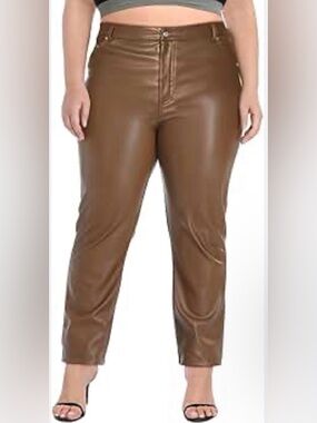 Susan Graver Brown Faux Leather Straight-Leg Pants